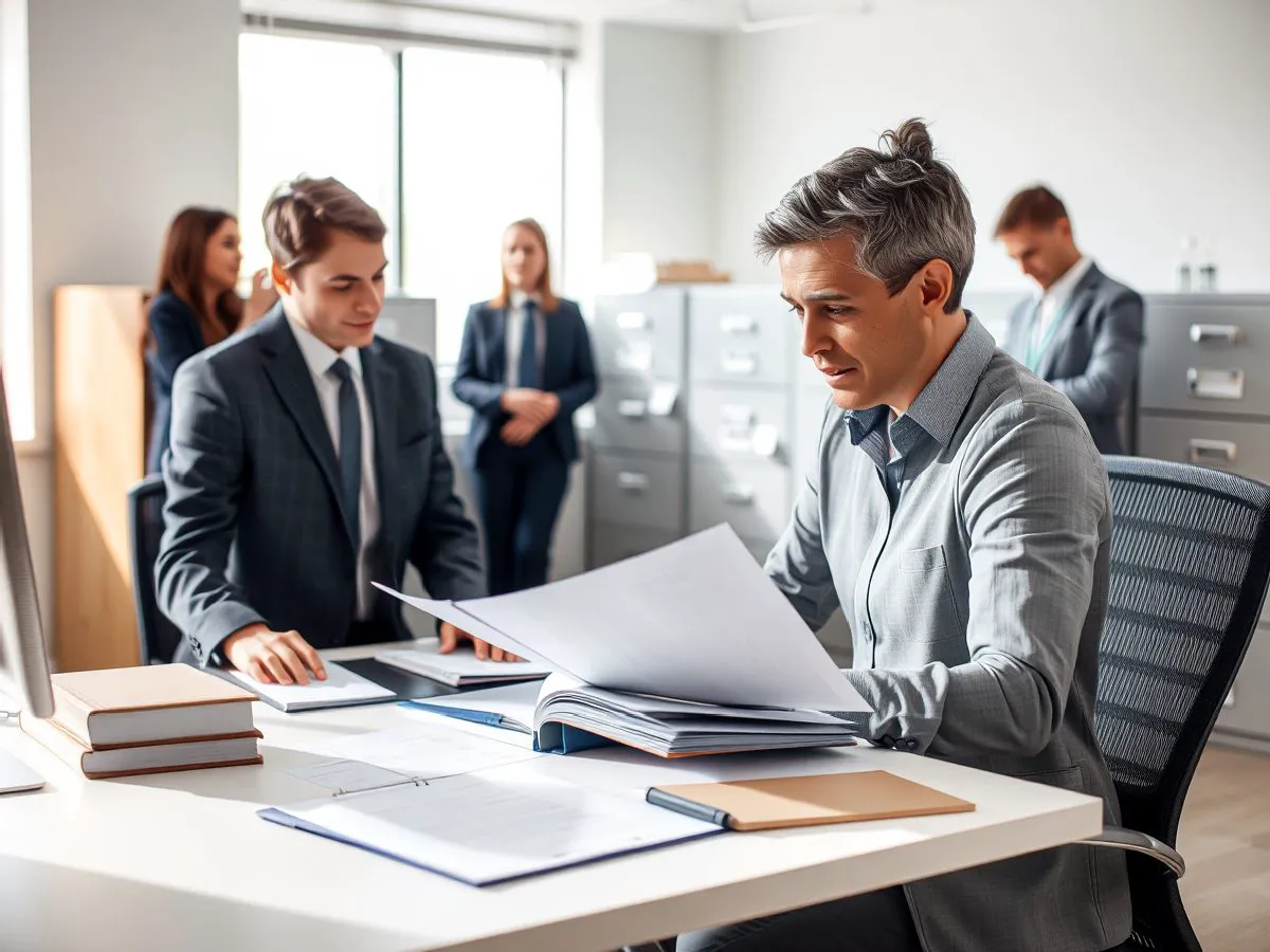 HR manager reviewing employee files in a professional office setting